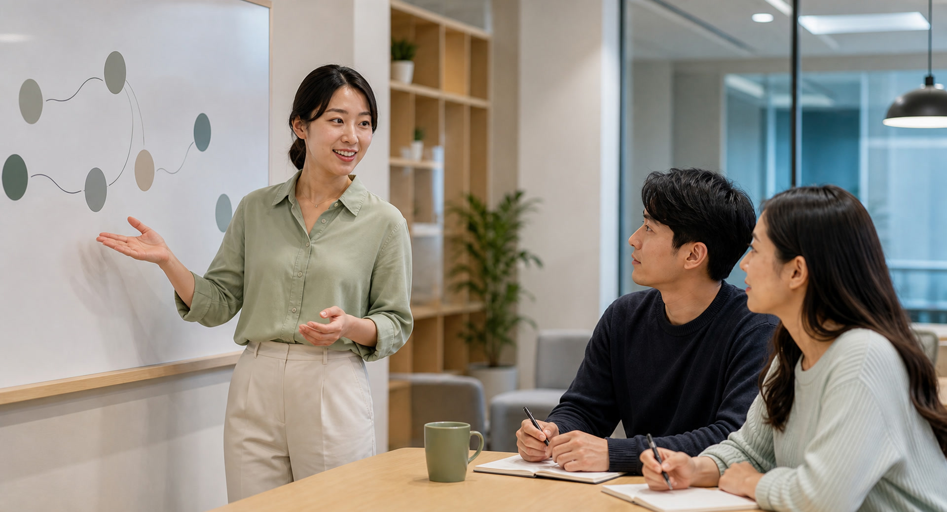직원이 동료들에게 고객경험 개선 지식을 공유하는 교육 장면